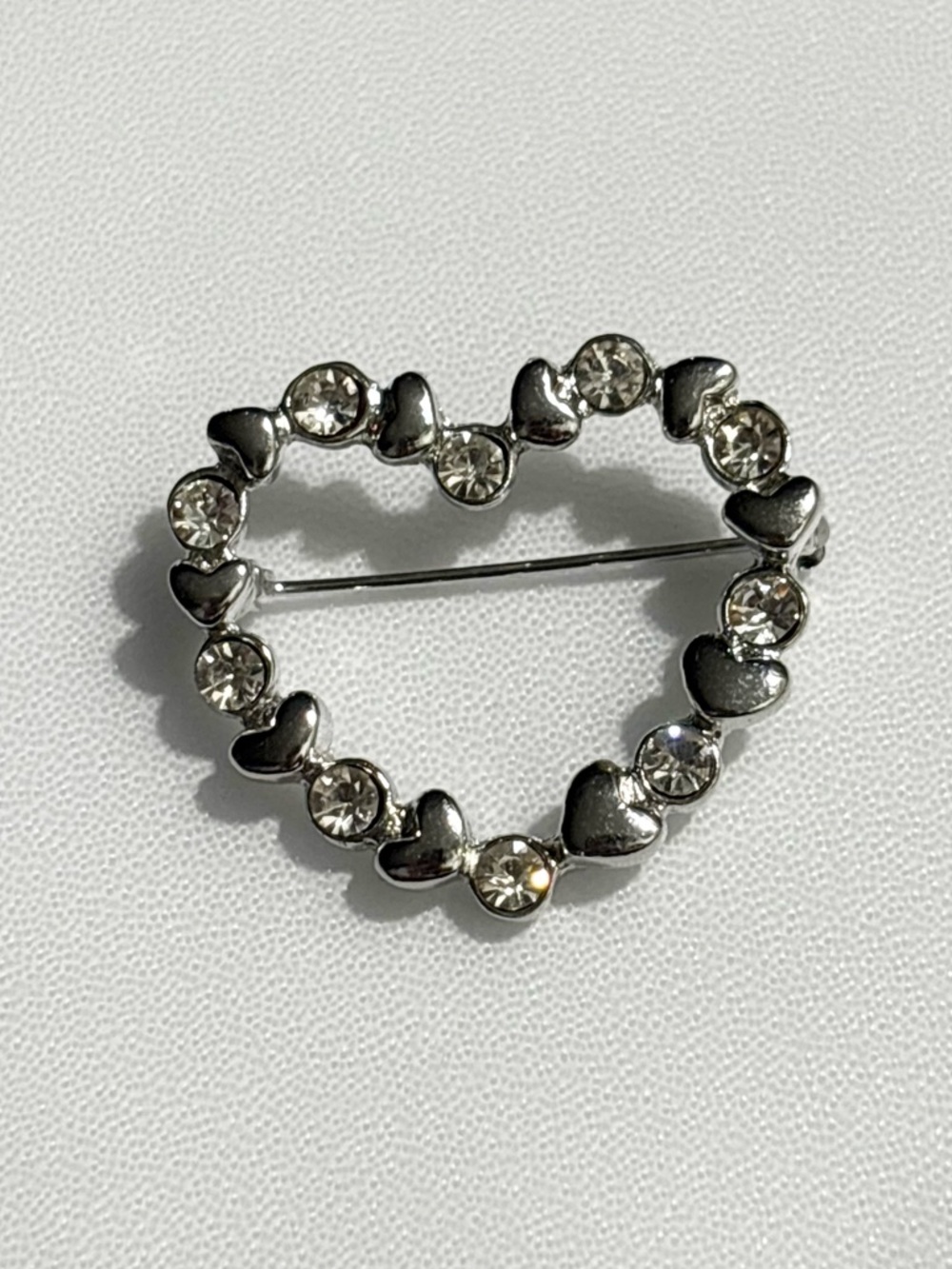 Silver Tone Rhinestone Heart Shape Brooch Pin